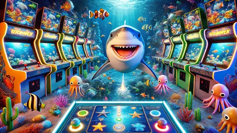 Arena tembak ikan dengan target laut dan meriam di layar